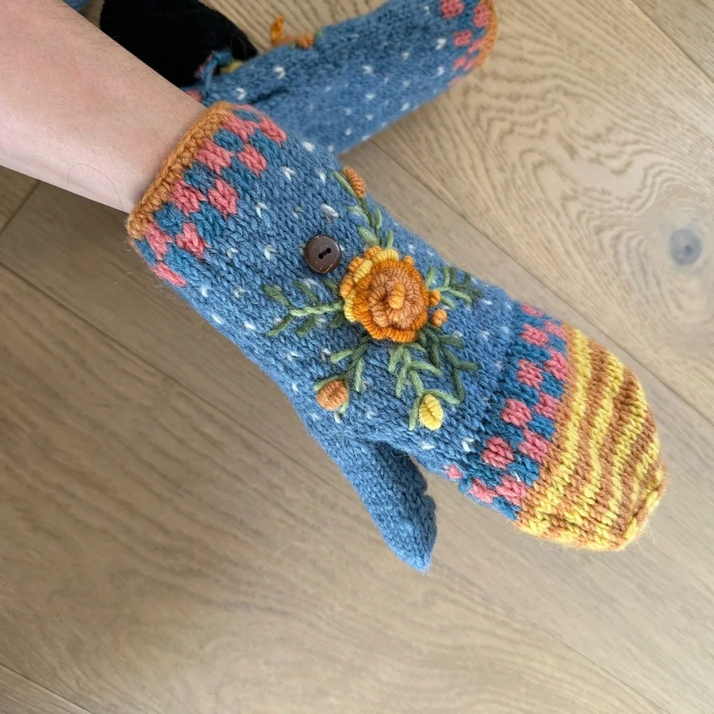 Whimsical Blue and Yellow Mittens with Playful Design